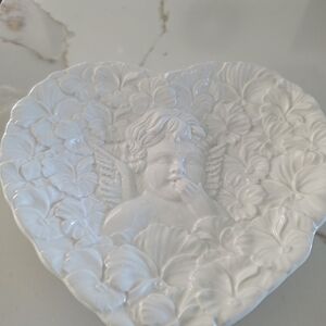 White Ceramic Cherub Heart Decorative Dish - Unbranded